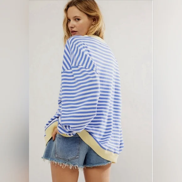 WE THE FREE Free People Classic Pullover Sweatshirt in Blue Combo Size XL - Picture 2 of 14